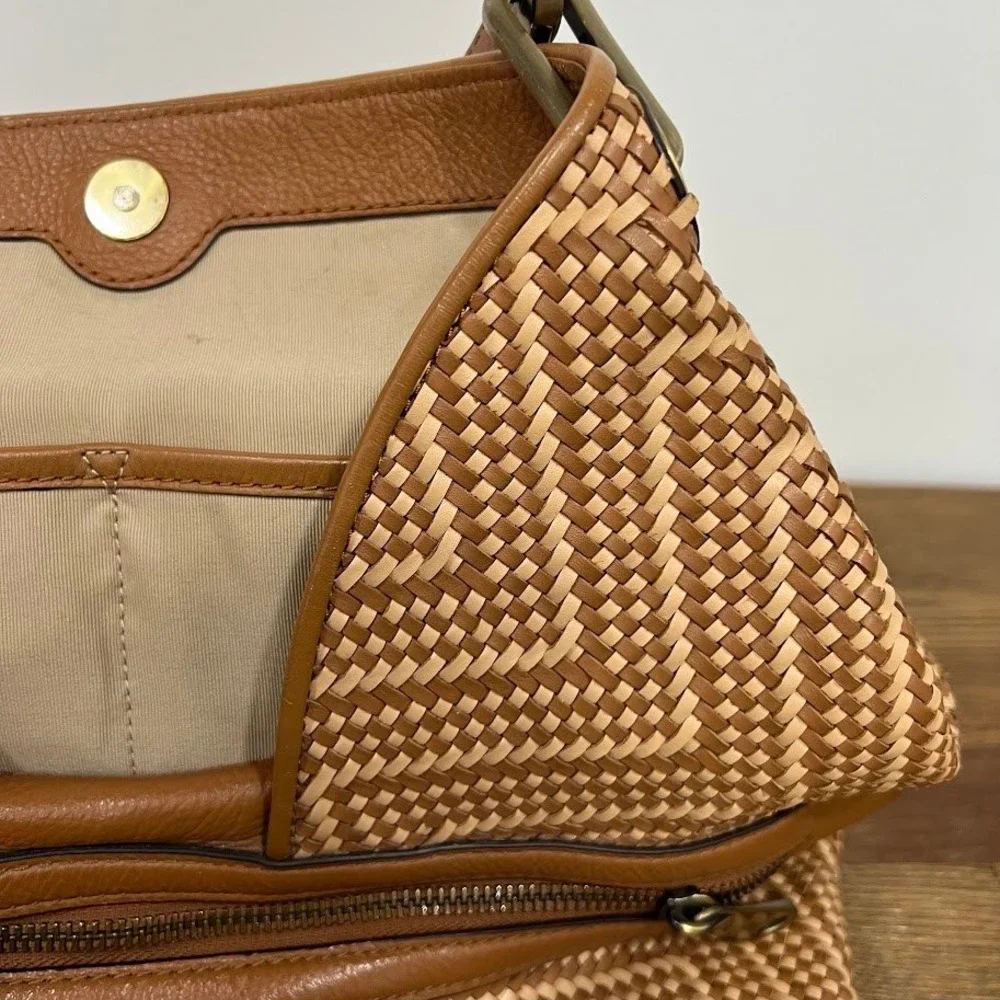 Michael Kors Brooklyn Woven Chevron Leather Shoulder Bag Tan Brown Tassel Hobo